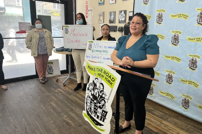 Arlene Cruz Escobar, director of health programs at Make the Road, presented the results of a survey of Medicaid enrollees at the nonprofit's Jackson Heights headquarters on May 31. More than half of New Yorkers polled said they were unaware their eligibility for Medicaid would soon be under scrutiny.
